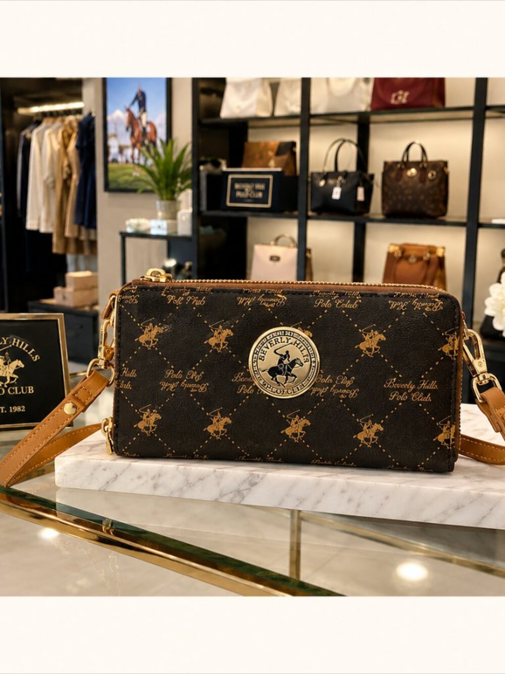 Beverly Hills Polo Club Double Zip Crossbody Wallet Bag Monogram Brown